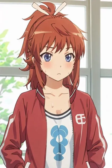 best quality, masterpiece, highres, solo, {koshigaya_natsumi_nonnonbiyori:1.15}, blue_eyes, blush, brown_hair, bangs, long_hair, closed_mouth, ponytail, ribbon, hair_ribbon, red_hair, 1girl, high_ponytail, jacket, track_jacket, white_ribbon, collarbone, indoors, shirt, sidelocks, open_clothes, sweat, upper_body