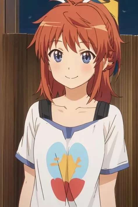 best quality, masterpiece, highres, solo, {koshigaya_natsumi_nonnonbiyori:1.15}, blue_eyes, blush, brown_hair, bangs, long_hair, closed_mouth, ponytail, ribbon, hair_ribbon, red_hair, 1girl, arm_up, blurry, green_shirt, high_ponytail, looking_at_viewer, shirt, short_sleeves, smile, striped, striped_shirt, white_ribbon, arm_behind_head, indoors, upper_body, depth_of_field, sidelocks, blurry_background, blurry_foreground, sweat, sweatdrop