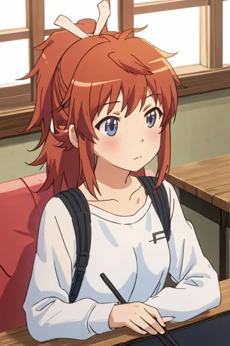 best quality, masterpiece, highres, solo, {koshigaya_natsumi_nonnonbiyori:1.15}, blue_eyes, blush, brown_hair, bangs, long_hair, closed_mouth, ponytail, ribbon, hair_ribbon, red_hair