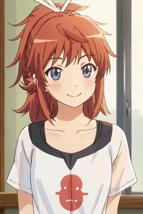 best quality, masterpiece, highres, solo, {koshigaya_natsumi_nonnonbiyori:1.15}, blue_eyes, blush, brown_hair, bangs, long_hair, closed_mouth, ponytail, ribbon, hair_ribbon, red_hair, 1girl, high_ponytail, shirt, upper_body, collarbone, looking_at_viewer, smile, white_ribbon, indoors, green_shirt