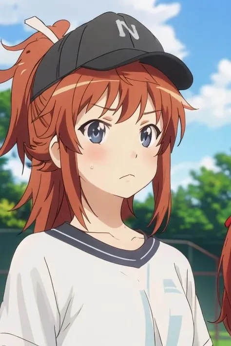 best quality, masterpiece, highres, solo, {koshigaya_natsumi_nonnonbiyori:1.15}, blue_eyes, blush, brown_hair, bangs, long_hair, closed_mouth, ponytail, ribbon, hair_ribbon, red_hair, 1girl, anime_coloring, baseball_cap, black_headwear, blurry, blurry_background, day, hat, outdoors, shirt, looking_at_viewer, portrait, sky, cloud, parody, striped, striped_shirt, blue_sky, depth_of_field, frown, yellow_shirt