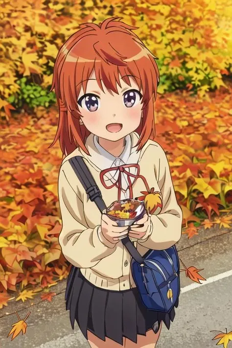 masterpiece, best quality,ultra detail,<lora:GoodHands-vanilla:0.8> <lora:anmnr01:0.3> <lora:add_detail:0.5>,1girl,from above, petite,,outdoor,country road,autumn leaves,cinematic angle,autumn koshigaya_natsumi_nonnonbiyori <lora:koshigaya_natsumi_nonnonbiyori:0.7>,smile,open mouth
