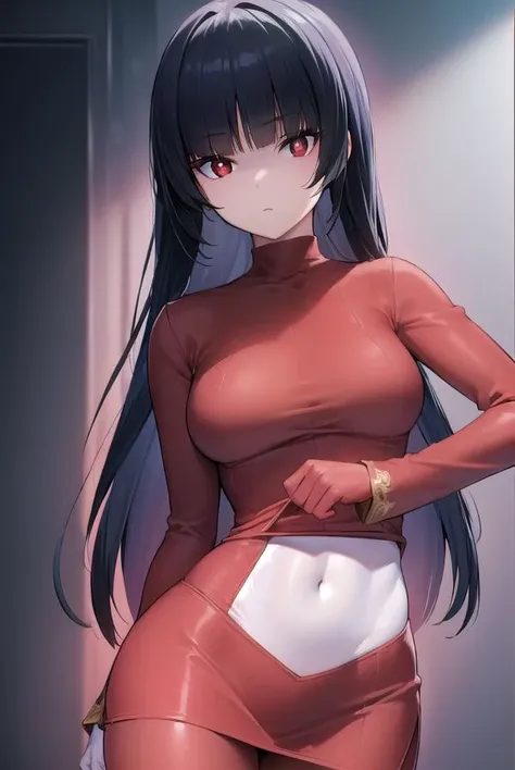 (best image quality, masterpiece:1.2), absolute resolution, high quality, one woman, break, (long black hair mixed with red:1. 1), brown eyes, big breasts,naked,topless,bottomless,T-back,shy,