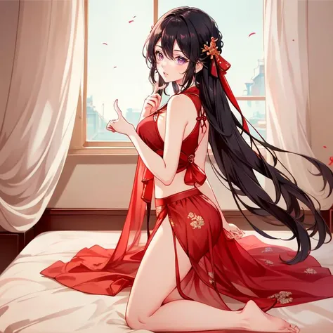 best quality,masterpiece,ultra high res,8K resolution,8k wallpaper, (((High quality finger shape))) ,
1girl, solo, long hair, straight hair, indoor, window, dunhuang sleepwear, midriff, pink clothes, see through, depth of field, arms behind back,
 <lora:dunhuang_sleepwear-04:0.6>