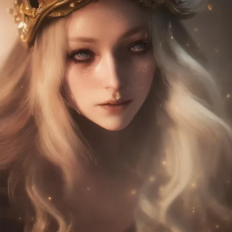 Martha Mackintoshï¼a close up of a woman with a crown on her head, elden ring style, cgsociety contest winner, fantasy art, gold and white eyes, high quality fantasy, sakimi, beautiful androgynous prince,beautifulÂ detailedÂ eyes,((1girl)),close-upÂ ,sad