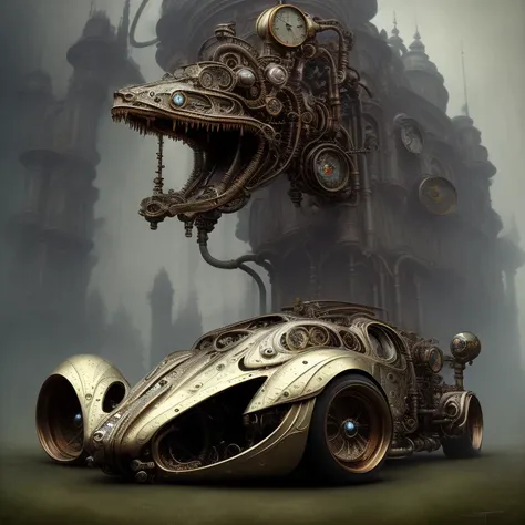 biomechanical steampunk vehicle reminiscent of fast sportscar with robotic parts and (glowing) lights parked in ancient lush palace, gothic and baroque, brutalist architecture, ultradetailed, creepy ambiance, fog, artgerm, giger, Intricate by Ellen Jewett and Josan Gonzalez and Giuseppe Arcimboldo