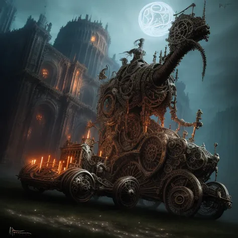 elden ring style biomechanical steampunk vehicle reminiscent of fast sportscar with robotic parts and (glowing) lights parked in ancient lush palace, gothic and baroque, brutalist architecture, ultradetailed, creepy ambiance, fog, artgerm, giger, Intricate by Ellen Jewett and Josan Gonzalez and Giuseppe Arcimboldo