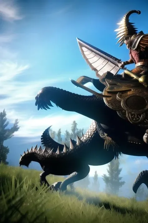 (elden ring style), digital art of an epic warrior, extremely highly detailed, mounted on a giant armored dragon, extremely detailed, ultra high detail, ultra high resolution, 8k, hdr, epic colors, glowing, fire, glames, fog, (insane details:1.5), unbelievably highly detailed textures
