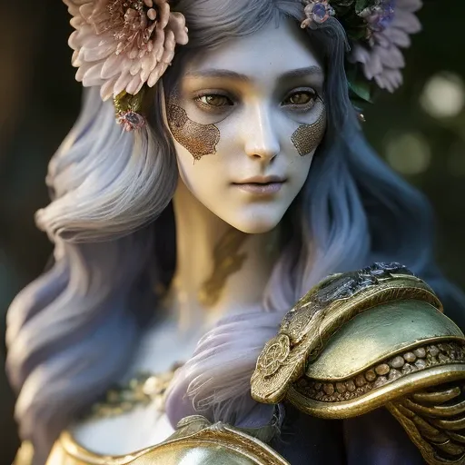 a close up of a woman sitting on a bench in a garden with flowers and a bird in her hand, with a bird in her hand, elden ring style, ((highly detailed face)), cgsociety contest winner, fantasy art, gold and white eyes, high quality fantasy, sakimi, beautiful androgynous prince