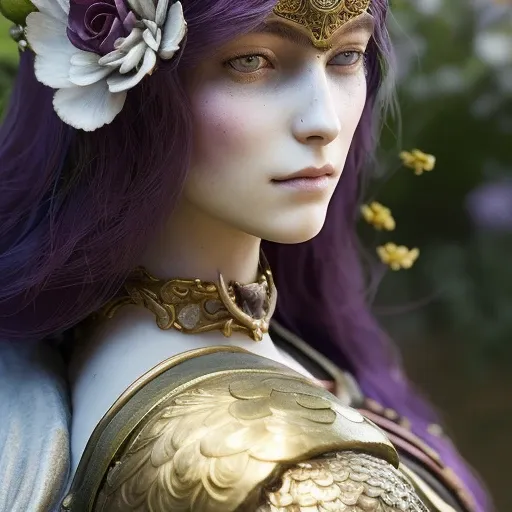 a close up of a woman sitting on a bench in a garden with flowers and a bird in her hand, with a bird in her hand, elden ring style, ((highly detailed face)), cgsociety contest winner, fantasy art, gold and white eyes, high quality fantasy, sakimi, beautiful androgynous prince