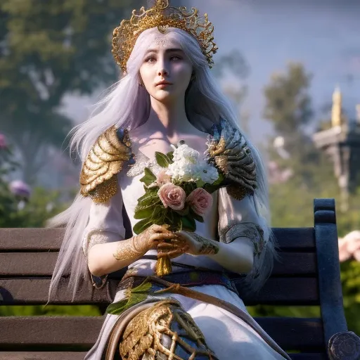 a close up of a woman sitting on a bench in a garden with flowers and a bird in her hand, with a bird in her hand, elden ring style, ((highly detailed face)), cgsociety contest winner, fantasy art, gold and white eyes, high quality fantasy, sakimi, beautiful androgynous prince