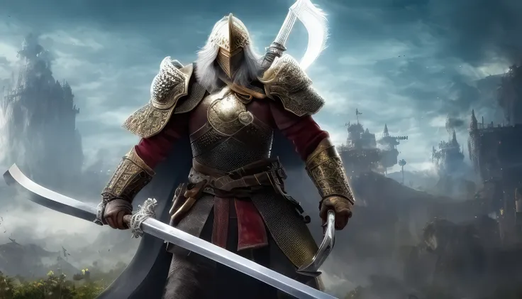 1 man, helmet, armor, sword, long white hair, old man,
warrior, battle field, castle, full head, (standing), (looking up),
elden ring style, contest winner, fantasy art, high quality fantasy,
((masterpiece)), (extremely detailed CG unity 8k wallpaper),
masterpiece, detailed, high quality, intricate details, best quality,
perfect face, SHARP, 4k, UHD,
full body,
full head, dynamic pose,