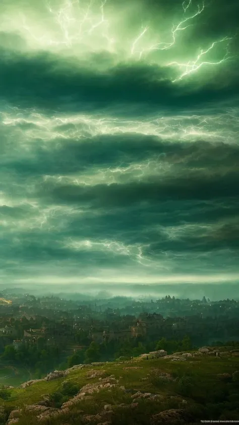 elden ring style (dark green night sky:1.2) in lightning, (curly clouds:1.2), elden ring style (castle in distance), 4k, hd, full of detail, masterpiece