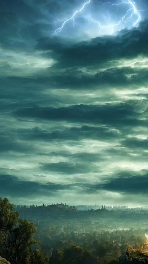 elden ring style (dark green night sky:1.2) in lightning, (curly clouds:1.2), elden ring style (castle in distance), 4k, hd, full of detail, masterpiece