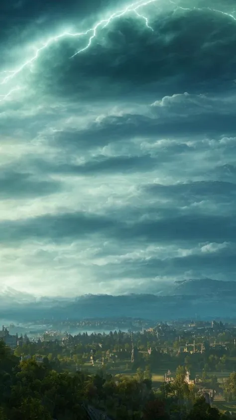 elden ring style (dark green night sky:1.2) in lightning, (curly clouds:1.2), elden ring style (castle in distance), 4k, hd, full of detail, masterpiece