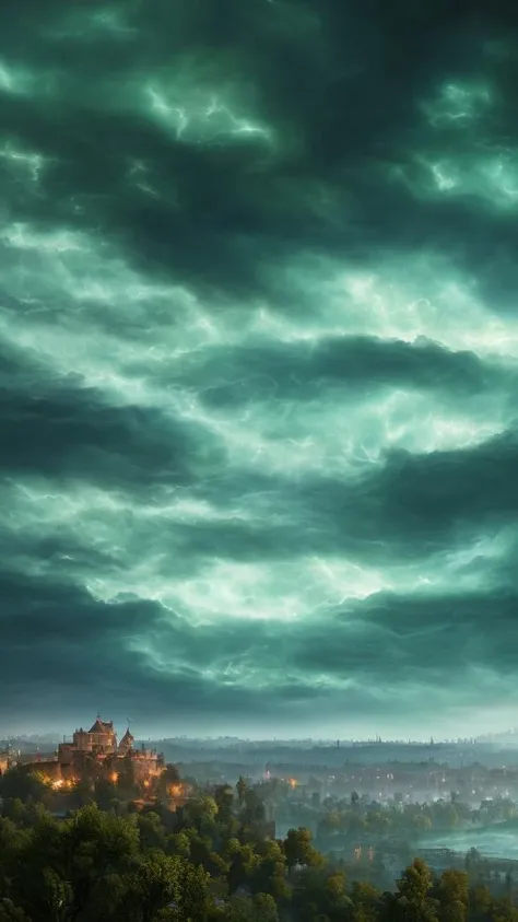 elden ring style (dark green night sky:1.2) in lightning, (curly clouds:1.2), elden ring style (castle in distance), 4k, hd, full of detail, masterpiece