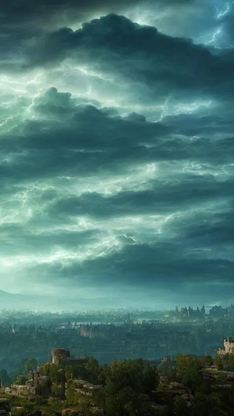 elden ring style (dark green night sky:1.2) in lightning, (curly clouds:1.2), elden ring style (castle in distance), 4k, hd, full of detail, masterpiece