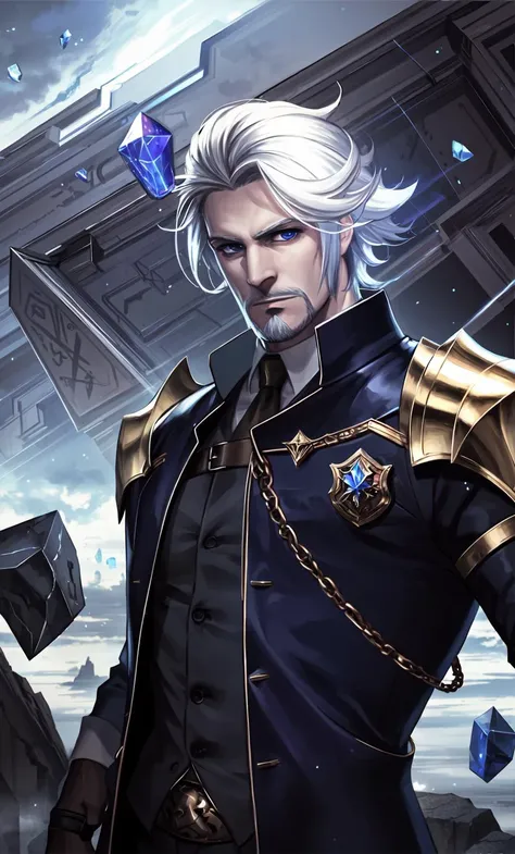 masterpiece,best quality,highres,1boy,<lora:ShadowverseVincentV3:0.75>,old,dark blue suit,armor,floating crystals,rocks,shattered buildings,ruins,fog,magic,runes,aura,looking at viewer,cool face,expressionless,(beard:0.68)