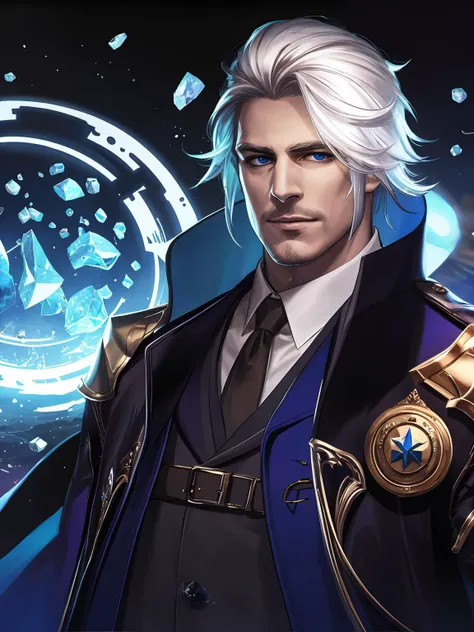 masterpiece,best quality,highres,cinematic lighting,dramatic angle,<lora:ShadowverseVincentV4-000021:0.8> ,1man,formal,suit,tie,white hair,collar,medal,(beard:0.68),cape,looking at viewer,magic,rune,floating objects,crystals,aura,smile,shushing,armor,glowing eyes,portrait,floating hair,dynatic angle,depth of field,casting spell,from side,(old:0.68),turning head