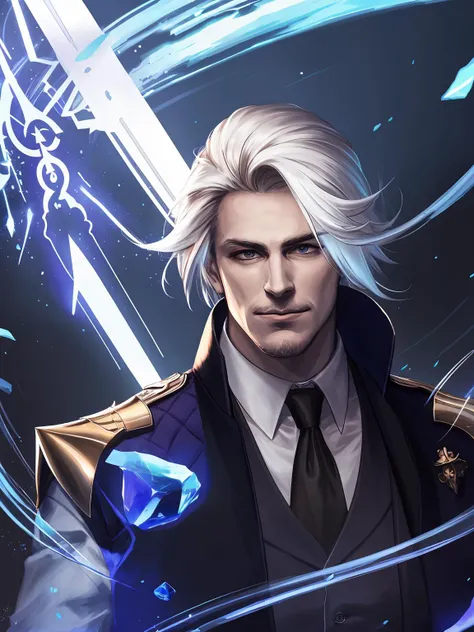 masterpiece,best quality,highres,cinematic lighting,dramatic angle,<lora:ShadowverseVincentV4-000021:0.8>  ,1man,formal,suit,tie,white hair,collar,medal,(beard:0.68),cape,looking at viewer,magic,rune,floating objects,crystals,aura,smile,shushing,armor,glowing eyes,portrait,floating hair,dynatic angle,depth of field,casting spell,from side,(old:0.68),turning head