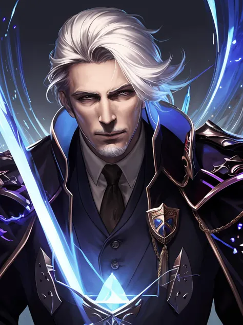 masterpiece,best quality,highres,cinematic lighting,dramatic angle,<lora:ShadowverseVincentV4-000021:0.8>  ,1man,formal,suit,tie,white hair,collar,medal,(beard:0.68),cape,looking at viewer,magic,rune,floating objects,crystals,aura,smile,shushing,armor,glowing eyes,portrait,floating hair,dynatic angle,depth of field,casting spell,from side,(old:0.68),turning head,hand on own cheek
