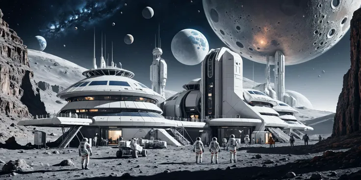 lunar outpost with futuristic structures and astronauts in spacesuits