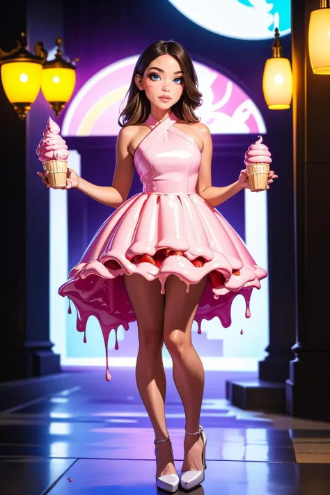 ((best quality)), ((masterpiece)), (intricate details, hyperdetailed:1.15), 35mm, bokeh, (perfect face, highest detailed face), (full body shot), (cr34m_dr3ss:1.2), dress made of melting strawberry ice cream, dripping, <lora:cr34m_dr3ss:0.8>, fashion photography of bratz, <lora:bratz3-01:0.6>, lips, large breasts, beautiful, makeup, mascara, lip gloss, perfect eyes, long eyelashes, long hair, looking at viewer, 8k, shiny, glow, (bloom), beautiful girl, photoshoot, fun atmosphere