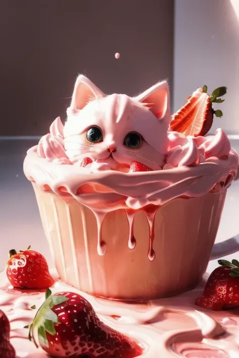 best quality, professional lighting, super detailed, realistic, beautiful detailed,<lora:cat_20230627113759:0.8> (cat), <lora:cr34m_dr3ss:0.8> cr34m_dr3ss, (no humans:1.2),melting strawberry ice cream cat, dripping,strawberry cream cat