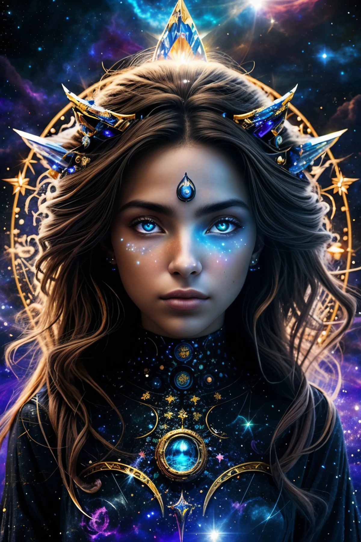 <lora:sd15_CharlotteDalessio_locon_24_v1:.9> CharlotteDalessio, (style-swirlmagic:0.7), solo, half shot, looking at viewer, detailed background, detailed face, (<lyco:DecorationBundlev2:0.6> EbonyGoldAI theme:1.1) (glowing eyes:1.05), star wizard, star sign, horoscope, calm composure, serene, aquarius, esoteric patterns, celestial power, stars, bright colorful lights, cosmic light, aura, shine, consciousness, cosmic dust, cosmic space background, surreal ethereal atmosphere,