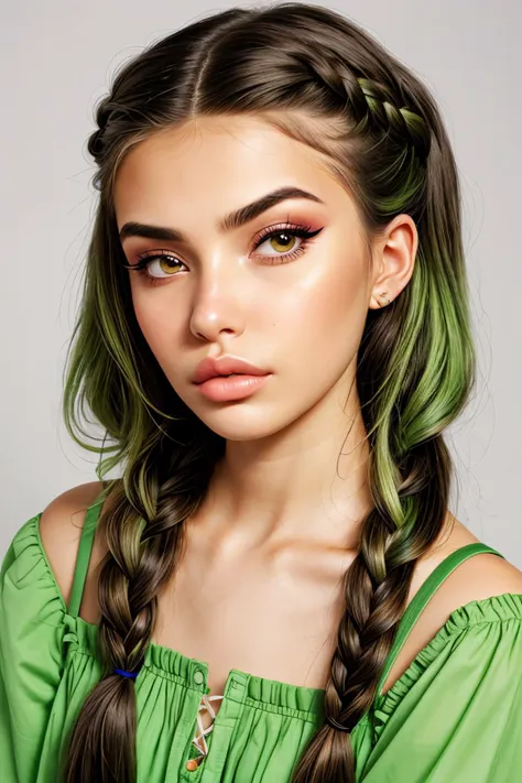 (long shot:1.4), realistic photo of <lora:sd15_CharlotteDalessio_locon_24_v1:.9> CharlotteDalessio makeup, pouting, kiwi color hair styled as half-up braid