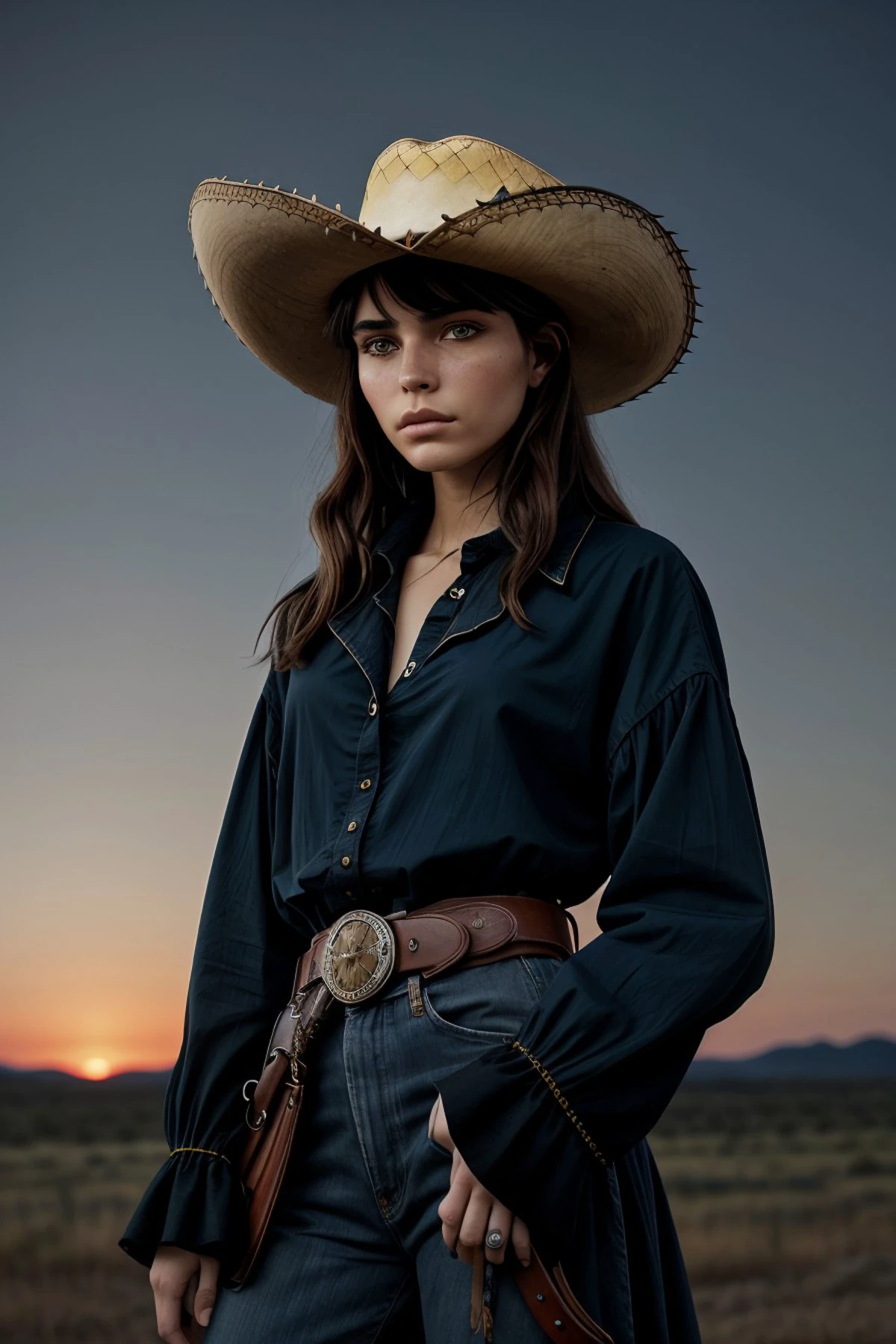 realistic photo of <lora:sd15_CharlotteDalessio_locon_24_v1:.9> CharlotteDalessio makeup, looking at viewer, focus on character, solo, half shot, detailed face, ( theme:1.1), cowboy, wide brimmed hat, tilted hat, belt, sheriff badge, walking, stoic expression, 18th century wild west, wild west era ranch in background, sunset, epic atmosphere, wind blowing,