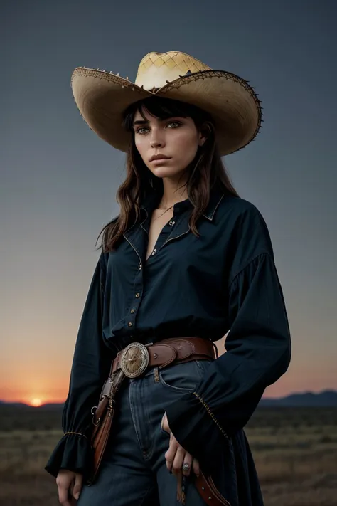 realistic photo of <lora:sd15_CharlotteDalessio_locon_24_v1:.9> CharlotteDalessio makeup, looking at viewer, focus on character, solo, half shot, detailed face, ( theme:1.1), cowboy, wide brimmed hat, tilted hat, belt, sheriff badge, walking, stoic expression, 18th century wild west, wild west era ranch in background, sunset, epic atmosphere, wind blowing,