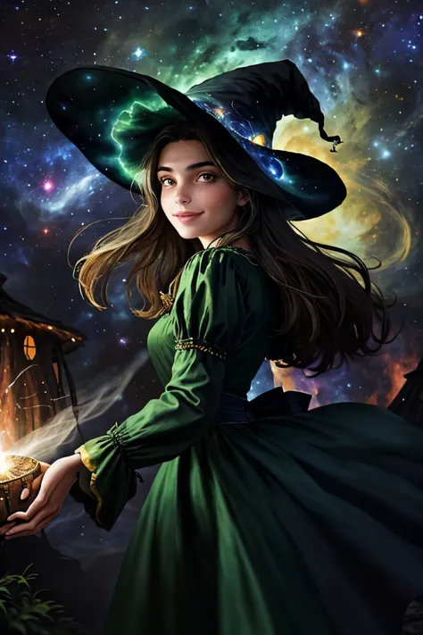 <lora:sd15_CharlotteDalessio_locon_24_v1:.9> CharlotteDalessio, looking at viewer, solo, upper body, detailed background, (cosmic outer space theme:1.1), light smile, witch hat, witch, magical atmosphere, hair flowing in the wind, green trimmed dark colored clothes, whirlwind of glowing flames in the air, dark magic, floating particles, rustic forest hut background,