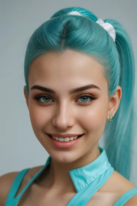 hyperrealistic rendition, ultra detailed, realistic, high definition, (medium shot:1.4), realistic photo of <lora:sd15_CharlotteDalessio_locon_24_v1:.9> CharlotteDalessio makeup, smiling, Light Turquoise Blue hair styled as bow ponytail