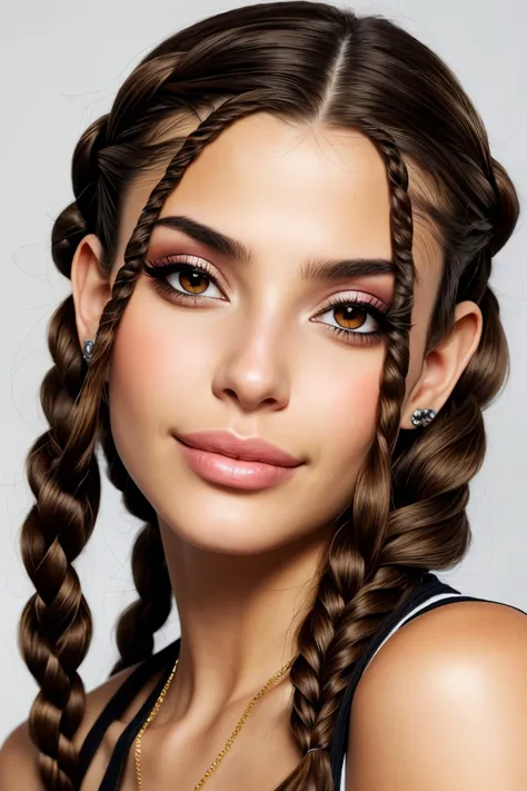 realistic photo of <lora:sd15_CharlotteDalessio_locon_24_v1:.9> CharlotteDalessio makeup, focus on eyes, close up on face, smile, hair styled as Havana twist braids,