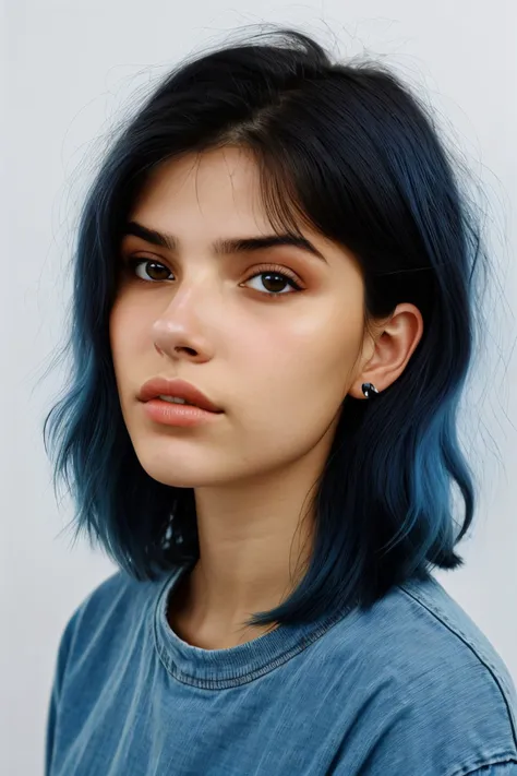 headshot of realistic photo of <lora:sd15_CharlotteDalessio_locon_24_v1:.9> CharlotteDalessio makeup, focus on face, wearing a tshirt and jeans , her bondi blue color hair is styled as textured bob hair,