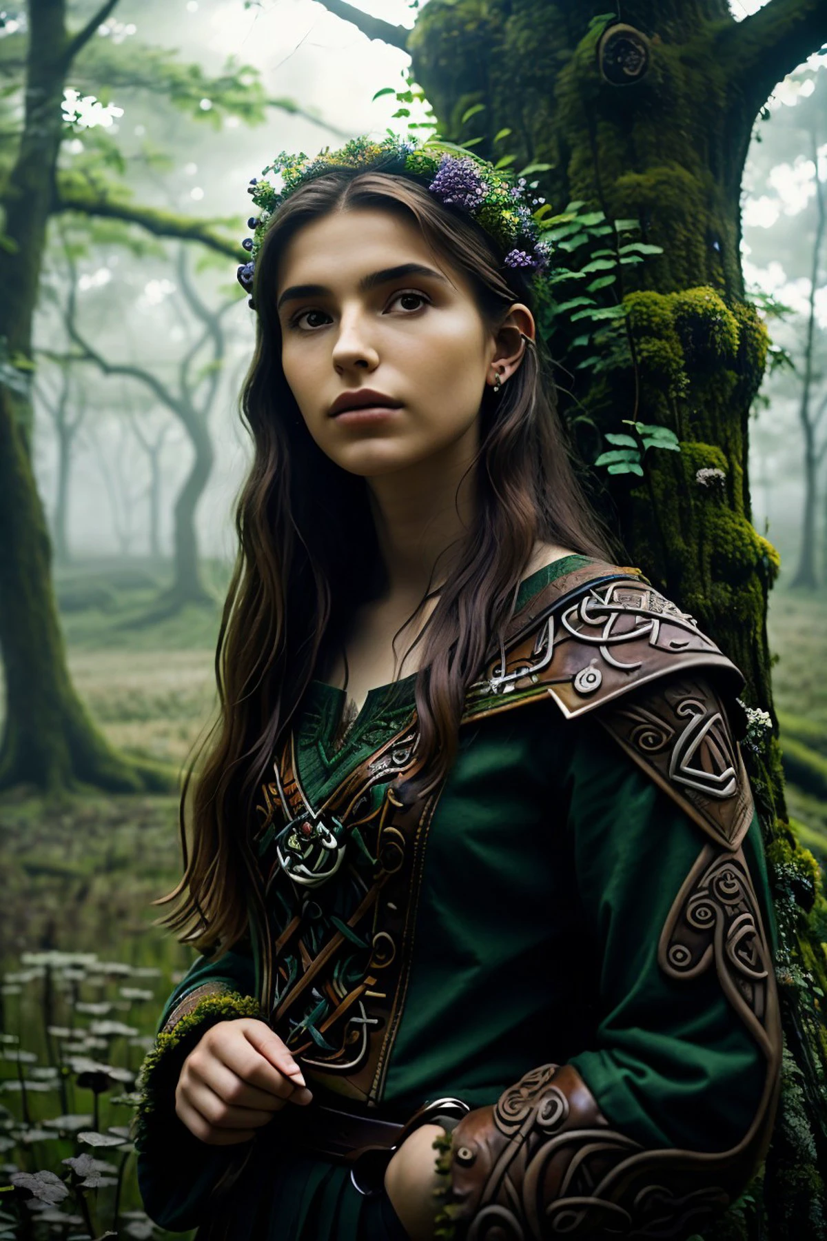 <lora:sd15_CharlotteDalessio_locon_24_v1:.9> CharlotteDalessio, focus on character portrait, solo, upper body, looking at viewer, detailed background, detailed face, (<lora:CeltPunkAI:0.5>, CeltPunkAI, celtic theme:1.1), forest druid, wearing natural colored brown clothes, leather, healing magic, magic, nature magic, swirling leaves in the air, vines, branches, stone, blooming Black flowers, violets, misty, pond in background, ethereal uplifting atmosphere, earth tones,