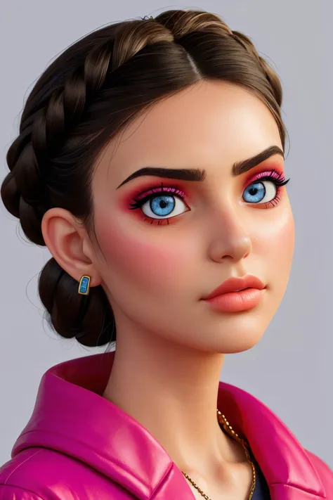 crypto art style, digital, vibrant, blockchain, detailed, realistic photo of <lora:sd15_CharlotteDalessio_locon_24_v1:.9> CharlotteDalessio makeup, focus on eyes, close up on face, pouting, wearing jewelry, hair styled as twisted braided bun,