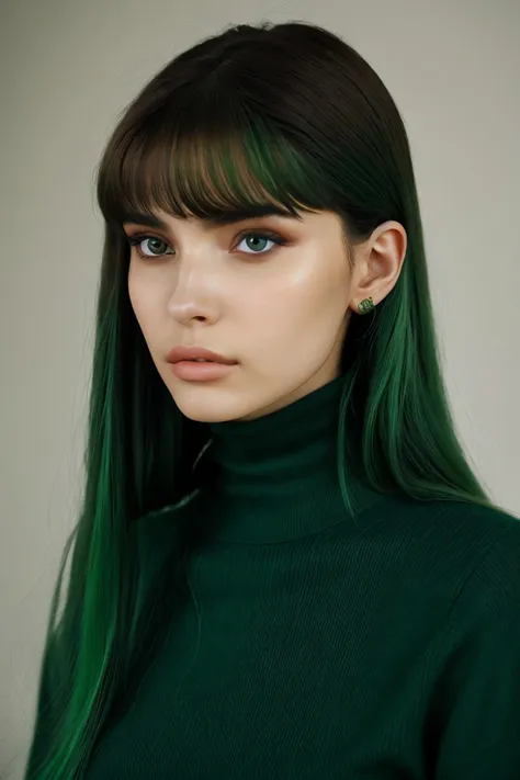 close range of realistic photo of <lora:sd15_CharlotteDalessio_locon_24_v1:.9> CharlotteDalessio makeup, focus on face, wearing a turtleneck , her larva green color hair is styled as super long hair,