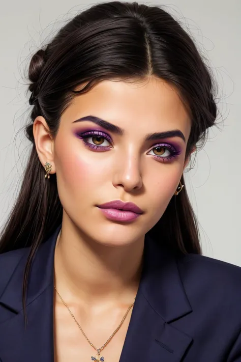 realistic photo of <lora:sd15_CharlotteDalessio_locon_24_v1:.9> CharlotteDalessio makeup, focus on eyes, close up on face, wearing jewelry, medium purple navy color hair styled as greek bun,