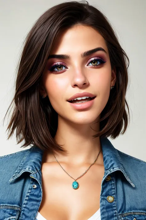 realistic photo of <lora:sd15_CharlotteDalessio_locon_24_v1:.9> CharlotteDalessio makeup, focus on eyes, close up on face, laughing, wearing jewelry, denim color hair styled as layered bob hair,