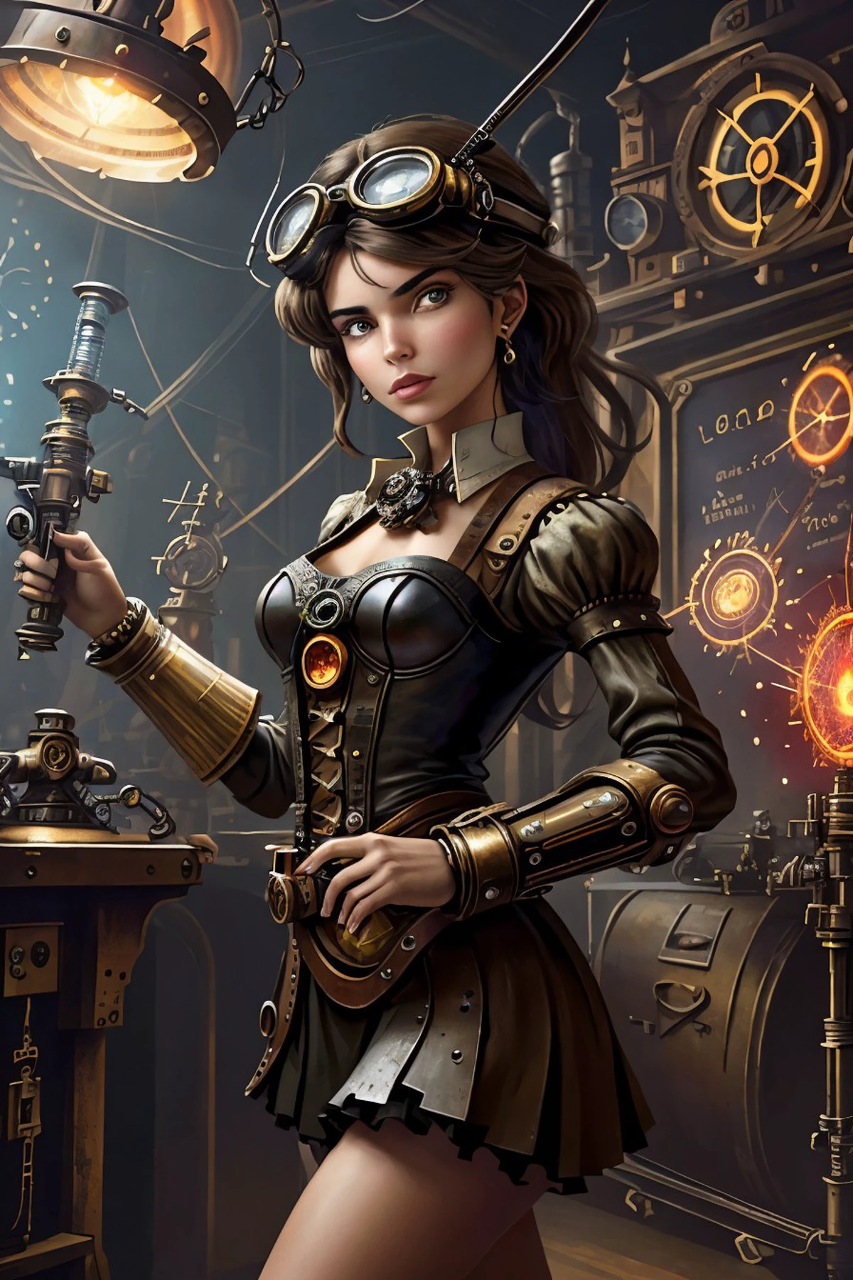 <lora:sd15_CharlotteDalessio_locon_24_v1:.9> CharlotteDalessio, looking at viewer, solo, half shot, detailed background, detailed face, (<lyco:SteamPunkBundleV3:0.4>, cogpunkai, cogpunk theme:1.1), researcher, safety-goggles, innovation, advanced technology, fantastical science lab in background, physics, tesla coil, sparks, nuclear science, dark matter, atom model, blackboard, bright lighting, flashing lights,