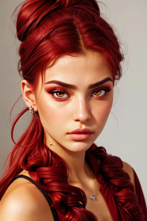 hyperrealistic rendition, ultra detailed, realistic, high definition, realistic photo of <lora:sd15_CharlotteDalessio_locon_24_v1:.9> CharlotteDalessio makeup, focus on eyes, close up on face, pouting, wearing jewelry, crimson color hair styled as fishtail messy bun,