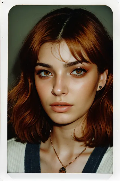 polaroid style, vintage, instant photo, faded, detailed, realistic photo of <lora:sd15_CharlotteDalessio_locon_24_v1:.9> CharlotteDalessio makeup, focus on eyes, close up on face, wearing jewelry, muted-orange color hair styled as choppy shag hair, lens flare