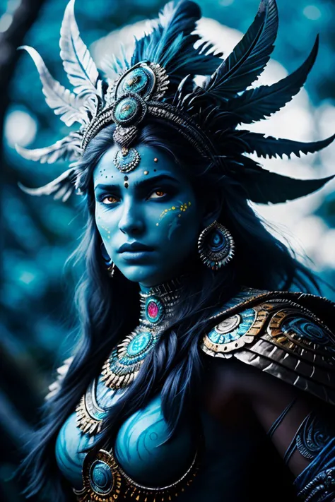 <lora:sd15_CharlotteDalessio_locon_24_v1:.9> CharlotteDalessio, (style-swirlmagic:0.8), portrait, solo, (full body:0.6), detailed background, detailed face, (<lora:MahabharataPunkAI:0.6>, MahabharataPunkAI theme:1.1), (glowing eyes:1.05), wise, blue facepaint, tribal elemental shaman, mystical, Grey frayed clothes, totem, headdress, surrounded by blue magic swirls, nature in background, ritual, foreboding atmosphere,
