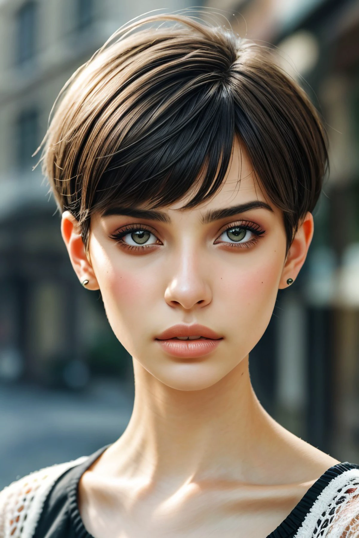 monoprint style, unique, textured, painterly, highly detailed, realistic photo of <lora:sd15_CharlotteDalessio_locon_24_v1:.9> CharlotteDalessio makeup, focus on eyes, close up on face, hair styled as Straight Pixie Cut,