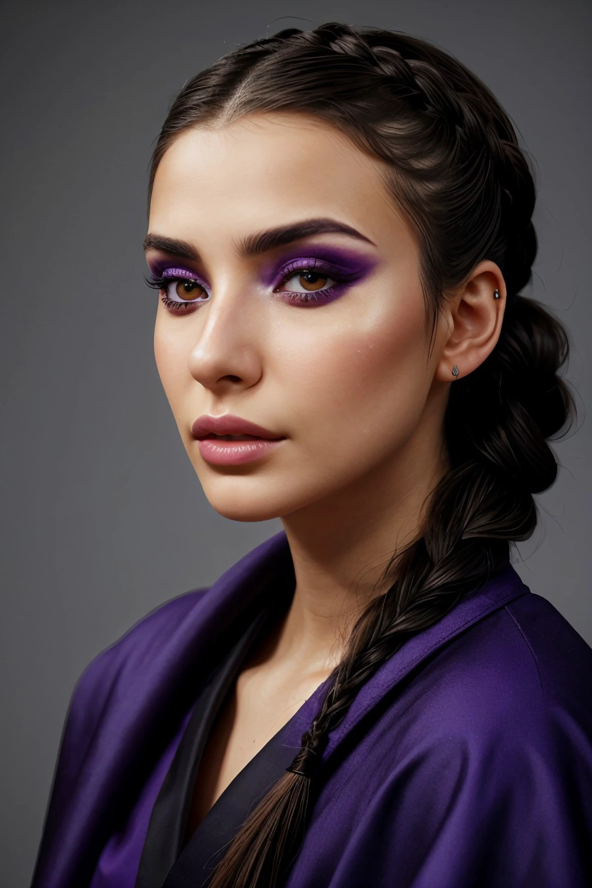 close range of realistic photo of <lora:sd15_CharlotteDalessio_locon_24_v1:.9> CharlotteDalessio makeup, focus on face, wearing a mage robe , her dark lilac hair is styled as five-strand braid,