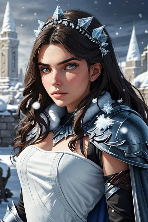 <lora:sd15_CharlotteDalessio_locon_24_v1:.9> CharlotteDalessio, portrait, solo, half shot, detailed background, detailed face, (renaissance theme:1.1), Secret winter warrior, dynamic pose, magical armor, cape, ice shards, snow crystals, cold, snowy background, stone temple in background epic atmosphere,