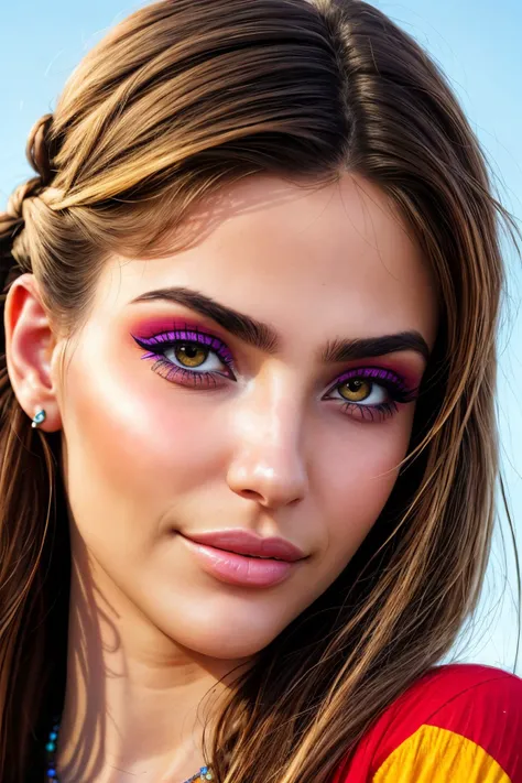 realistic photo of <lora:sd15_CharlotteDalessio_locon_24_v1:.9> CharlotteDalessio makeup, focus on eyes, close up on face, grinning, wearing jewelry, color zest hair styled as parallel braid,