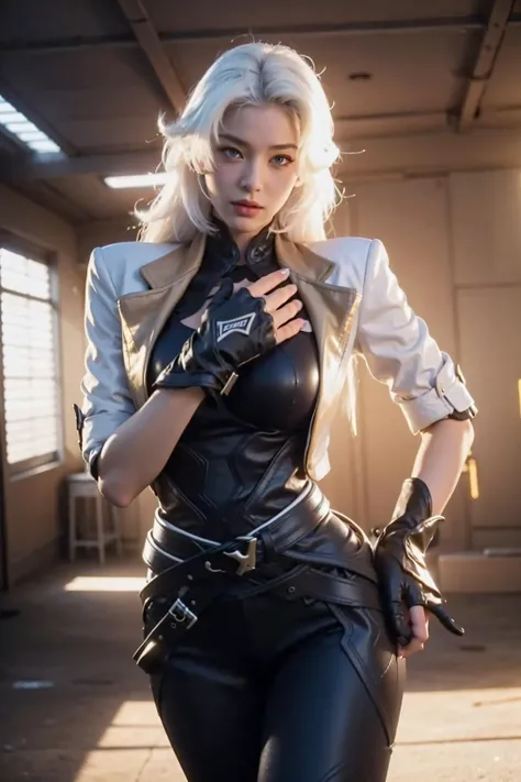 <lora:Lauriel Aov 5v5 Day:0.4>Lauriel Aov, 1girl, solo, long hair, blonde hair, white hair, alternate hair color, multicolored hair, bangs, shiny, shiny hair, blue eyes, looking at viewer, mole, mole under eye, lips, cleavage, cleavage cutout, breasts, large breasts, jacket, white jacket, cropped jacket, clothing cutout, open clothes, open jacket, bodysuit, gloves, fingerless gloves, black gloves, belt, pants, black pants, shoes, white footwear, alternate costume, 30s, mature female, best quality, ultra high res, (photorealistic:1.4), masterpiece, real life skin, hyper real